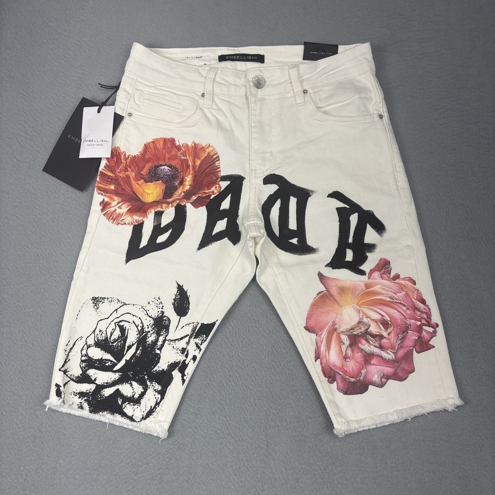 NWT Embellish Style By Design Shorts Mens 28x12 Floral Print White Stretch Denim
